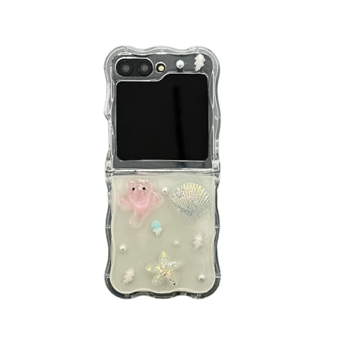 SCJLSDA Schutzhülle für Samsung Galaxy Z Flip 6, 3D, niedliches Seestern-Muschel-Cartoon-Muster, transparente PC-Schutzhülle, mit Perlen-Diamant-Armband für Z Flip 6 (ohne Kette) von SCJLSDA