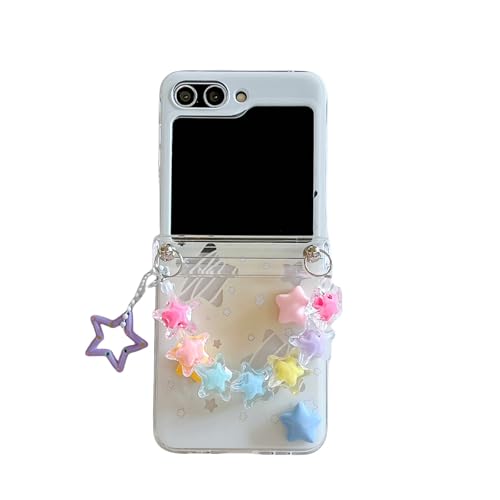 SCJLSDA Schutzhülle für Samsung Galaxy Z Flip 6, Frau, niedlich, lustig, 3D-Sterne-Liebes-Design, Kawaii, transparent, hart, mit Armband für Handy-Schutzhülle (Stern) von SCJLSDA