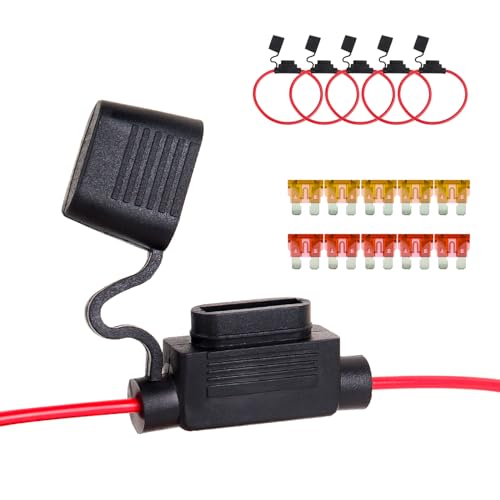 SCOOYUCK 5 Stück 18 AWG Sicherungshalter 12 Volt, Standard Medium ATC/ATO KFZ Flachsicherungshalter, Ausgestattet mit Sicherung (5x5A, 5×10A) Geeignet für Standard Sicherungshalter für Pkw, Lkw von SCOOYUCK