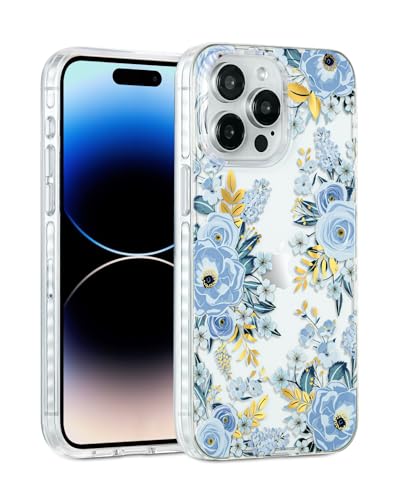 SCORPIFY Schutzhülle für iPhone 15 Pro mit blauem Anemonen-Blumen-Design, niedlicher, klarer Blumen-Handy-Stoßfänger für Frauen und Mädchen, stilvolle schlanke Hülle mit goldenen Akzenten [3 m von SCORPIFY
