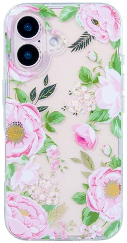 SCORPIFY Schutzhülle für iPhone 16 mit rosa Pfingstrosen, niedliche, klare Blume, Handyhülle für Frauen und Mädchen, [vergilbungsfrei], schlanker, stoßfester Bumper mit goldenen Akzenten von SCORPIFY