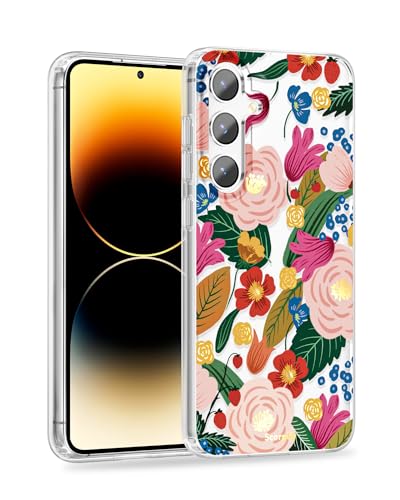 SCORPIFY kompatibel mit Samsung Galaxy S24 Hülle für Kamelienblüten-Blumenmuster, niedliche transparente Blumen-Telefonabdeckung für Frauen und Mädchen, Stoßstange mit stilvollen goldenen Akzenten von SCORPIFY