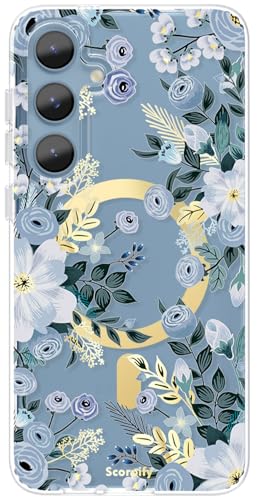 SCORPIFY kompatibel mit Samsung Galaxy S25 Hülle [Kompatibel mit Magnetic] für blaues Nemophila Blumen Design, niedliche Blumen Handyhülle für mit stilvollen goldenen Akzenten Frauen und Mädchen von SCORPIFY