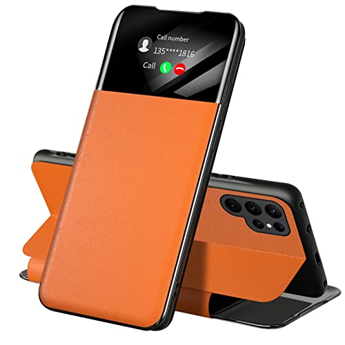 Lederhülle für Samsung Galaxy S24 Ultra/S24 Plus/S24, Klapphülle, Klapphülle, Smart-Wake-Up-Folio-Brieftasche, Business-Handyhülle (S24 Ultra, Orange) von SCWZZWSY