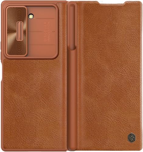 Lederhülle für Samsung Galaxy Z Fold 6, Slide Kamera Cover Flip Wallet Case Voller Schutz Abnehmbarer S-Stifthalter (Orange) von SCWZZWSY