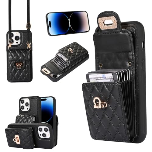 SDPROG Flip-Cover aus Leder mit Mehreren Kartenfächern für iPhone 15 14 13 12 11 Pro Max Crossbody-Hülle mit Lanyard, Schwarz, Für iPhone 11 von SDPROG