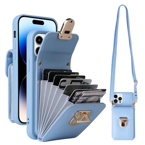 SDPROG Leder-Crossbody-Lanyard-Telefonhülle für iPhone 15 14 13 12 11 Pro XR XS Max 8 7 Plus Brieftasche mit Kartenhalter auf der Rückseite, Blau, Für iPhone XS von SDPROG