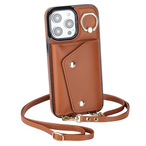 SDPROG Reißverschluss-Crossbody-Karten-Solt-Geldbörse aus Leder für iPhone 14 15 Pro Max 13 12 11 XR XS 7 8 Plus Ringhalter-Gurt-Geldbörsenabdeckung, braun, für iPhone 14Pro von SDPROG