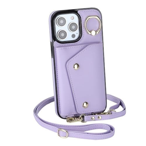 SDPROG Reißverschluss-Crossbody-Karten-Solt-Geldbörse aus Leder für iPhone 14 15 Pro Max 13 12 11 XR XS 7 8 Plus Ringhalter-Gurt-Geldbörsenabdeckung, lila, für iPhone 12Pro von SDPROG