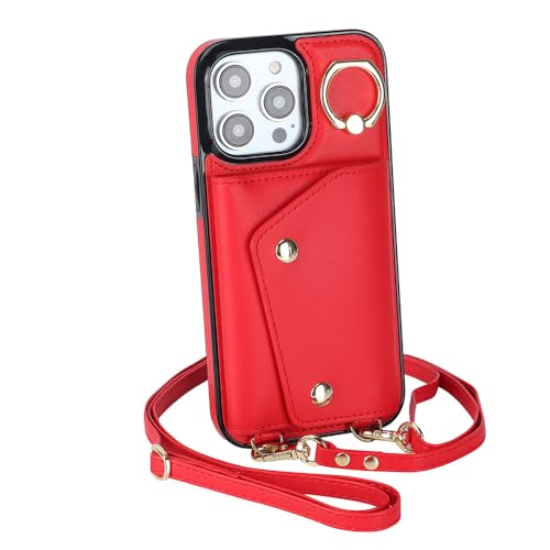 SDPROG Reißverschluss-Crossbody-Karten-Solt-Geldbörse aus Leder für iPhone 14 15 Pro Max 13 12 11 XR XS 7 8 Plus Ringhalter-Gurt-Geldbörsenabdeckung, rot, für iPhone 14Plus von SDPROG