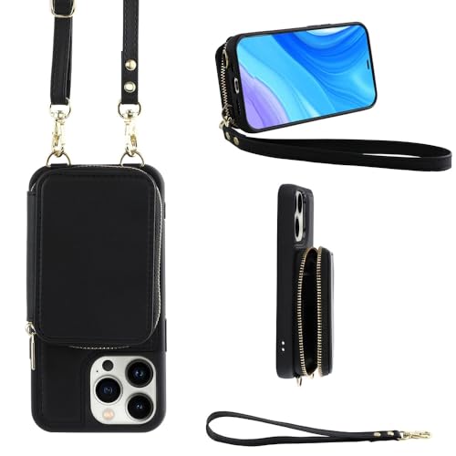 SDPROG Reißverschlusskarten Solt Leder Geldbörse Crossbody Lanyard Hülle für iPhone 14 15 Pro Max 13 12 11 14Plus Taschentasche Handschlaufenabdeckung, Schwarz, Für iPhone 14Pro von SDPROG