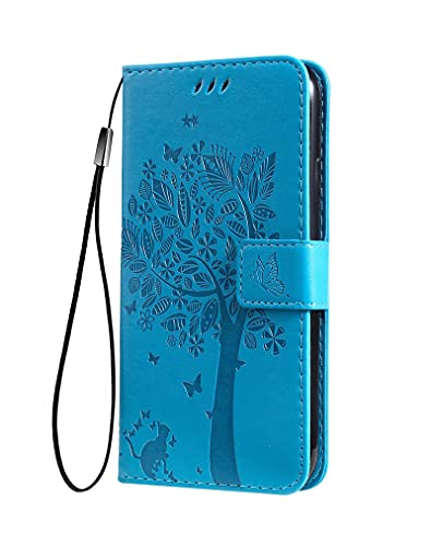 SEAHAI Hülle für Sony Xperia 10 VI Handyhülle, Ziemlich Geprägt Blätter und Katze Premium PU Leder Folio Brieftasche Stoßfest Schutzhülle Klapphülle, Blau von SEAHAI