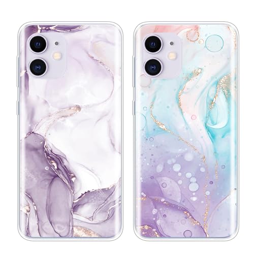 SEHEYA 2 Stück Hüllen für iPhone 12 Hülle Silikon Süß Druck Weiche TPU Klare Handyhülle mit Motiv Ultra Dünne Kamera Schutz Case Schutzhülle Cover, Marmor Lila Rosa von SEHEYA