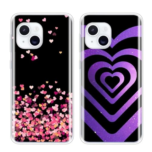 SEHEYA 2 Stück Hüllen für iPhone 15 Hülle Silikon Süß Druck Weiche TPU Klare Handyhülle mit Motiv Ultra Dünne Kamera Schutz Case Schutzhülle Cover, Herzen Schwarz Lila von SEHEYA