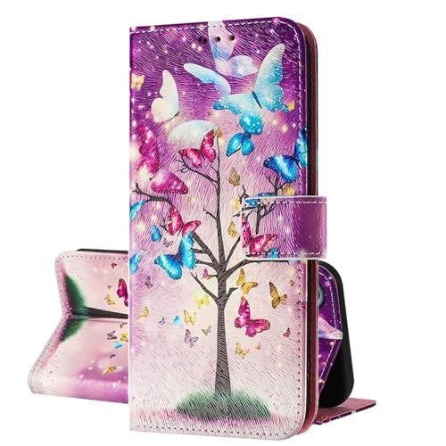 SEHEYA Handyhülle für TCL 405/406 / 408 Hülle PU Leder Handy Klapphülle mit süßes Motive Design Stoßfest Flip Case Brieftasche Schutzhülle Cover, Schmetterlinge Baum von SEHEYA