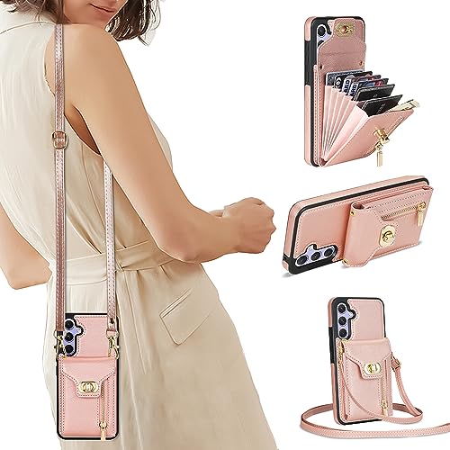 SEHEYA Handykette Hülle kompatibel mit Samsung Galaxy S20 Plus Leder Handyhülle Schutzhülle mit Kordel Handytasche zum Umhängen Etui 2 in 1 Handy Cover Karten Börse Rose Gold von SEHEYA