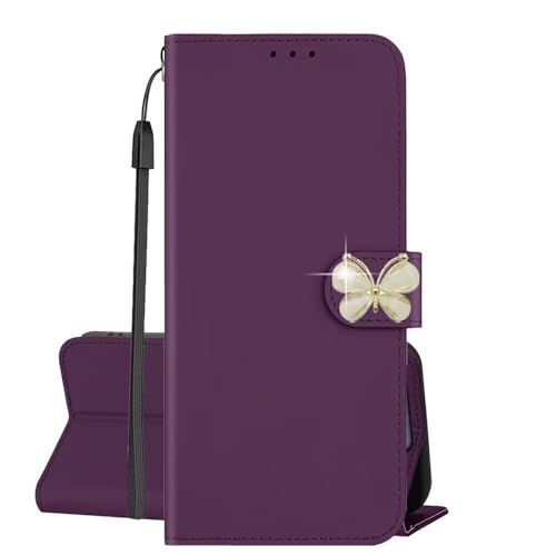 SEHEYA Hülle für Google Pixel 9 Pro XL mit Glitzer Schmetterling Strassstein PU Leder Brieftasche Kartenfach Tasche Klapphülle Flip Case Magnetisch Handyhülle, Dunkelviolett von SEHEYA