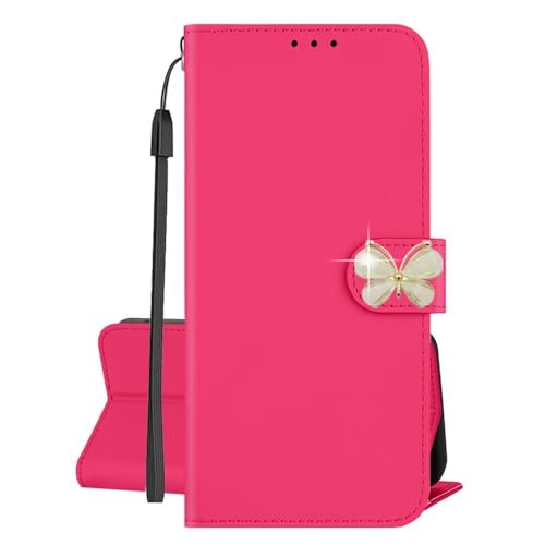 SEHEYA Hülle für Xiaomi Redmi 13C mit Glitzer Schmetterling Strassstein PU Leder Brieftasche Kartenfach Tasche Klapphülle Flip Case Magnetisch Handyhülle, Rosenrot von SEHEYA