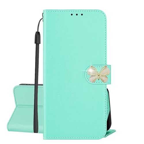 SEHEYA Hülle für iPhone 13 Pro Max mit Glitzer Schmetterling Strassstein PU Leder Brieftasche Kartenfach Tasche Klapphülle Flip Case Magnetisch Handyhülle, Türkis von SEHEYA