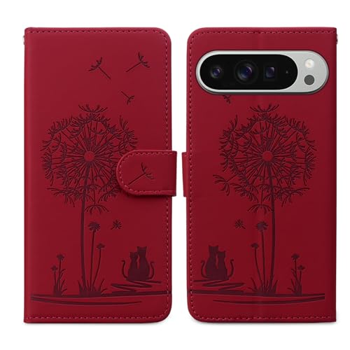 SEHEYA Hülle kompatibel mit Google Pixel 9 Pro XL Klapphülle Löwenzahn Katze Muster Motiv PU Leder Handyhülle Kartenhüllen Flip Schutzhülle Cover, Rot von SEHEYA