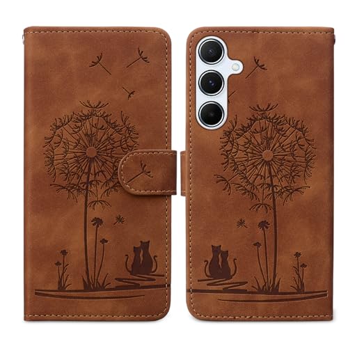 SEHEYA Hülle kompatibel mit Samsung Galaxy A55 5G Klapphülle Löwenzahn Katze Muster Motiv PU Leder Handyhülle Kartenhüllen Flip Schutzhülle Cover, Braun von SEHEYA