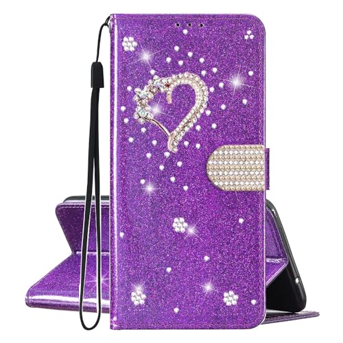 SEHEYA Hülle kompatibel mit Xiaomi Redmi Note 12 4G Glitzer PU Leder Klapphülle Gold Herz Handyhülle Mädchen Handytasche Magnet Schutzhülle Karten Fach Handy Cover, Glitter Lila von SEHEYA