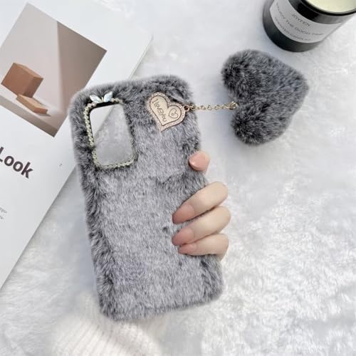 SEHEYA Kompatible mit Motorola Moto G75 5G Plüsch Hülle Flaumig Liebe Herz Handyhülle Kunstfell Bommel Flauschige Weich TPU Silikon Case Schutzhülle Stoßfeste Cover, Grau von SEHEYA