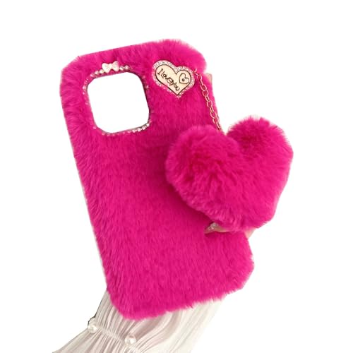 SEHEYA Plüsch Hülle für Sony Xperia 5 V Flaumig Liebe Herz Handyhülle Kunstfell Bommel Flauschige Schutzhülle Weich TPU Silikon Case Frauen Mädchen - Rosa Rot von SEHEYA