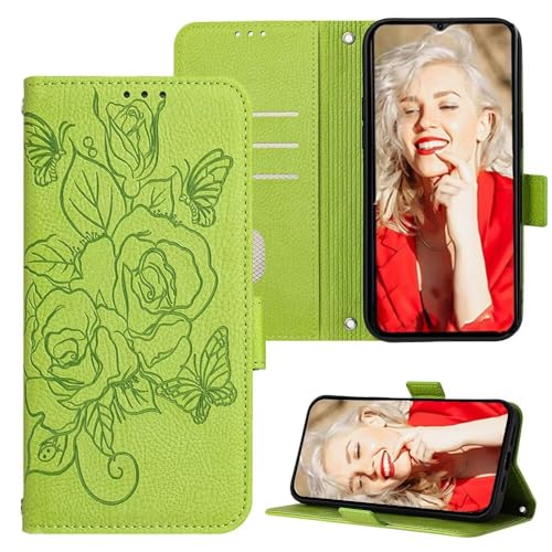 SEHEYA für Motorola Moto E22 / E22i 4G Klapphülle Handyhülle Blumen Rosen 3D Embossing Hülle Ledertasche 3 Kartenhüllen Flip Schutzhülle Wallet Case Mädchen, Grün von SEHEYA