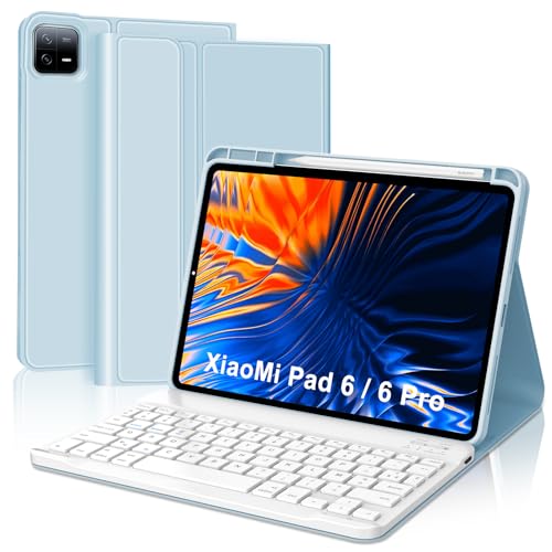 SENGBIRCH Tastaturhülle für Xiaomi Pad 6/6 Pro 11 Zoll 2023, AZERTY, Französische Tastatur, abnehmbar, kabellos, Bluetooth, für Xiaomi Pad 6/6 Pro 11 Zoll, Hellblau von SENGBIRCH