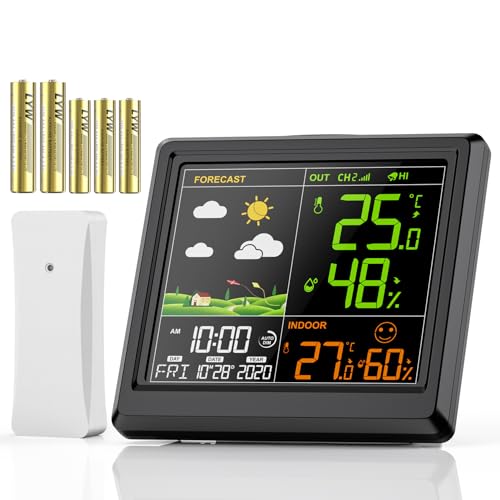 Wetterstation Funk mit Außensensor, 3 Einstellbare Helligkeit, Innen und Außen Hygrometer, Thermometer, Wettervorhersage, Uhrzeitanzeige, Wecker, Farbdisplay, zum Stellen/Hängen von SENTICUM