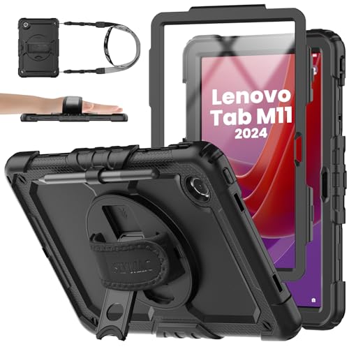 SEYMAC stock Hülle für Lenovo Tab M11 2024 11'' (TB-330FU/TB-331FC), Stoßfeste Hülle mit Displayschutzfolie, 360° Drehbarer Ständer/Handschlaufe & Stifthalter für Lenovo M11 Tablet Hülle, Schwarz von SEYMAC stock