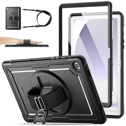 SEYMAC stock Hülle für Samsung Galaxy Tab A9 Plus/ A9+ 11 Zoll 2023, Stoßfeste Robuste Hülle mit Displayschutz, Stifthalter, 360° Drehbarer Ständer/Handschlaufe & Schultergurt, Schwarz von SEYMAC stock