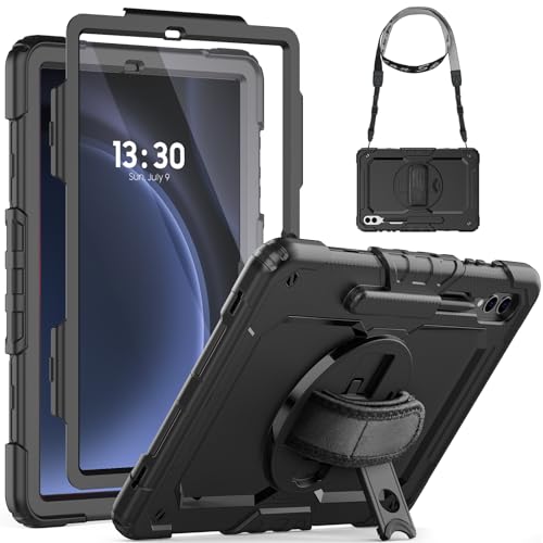 SEYMCY für Samsung Galaxy Tab S9 FE 11 Zoll / S9 11 Zoll 2023, Stoßfeste Hülle mit Displayschutz, Drehbarer Ständer/Handschlaufe, Schultergurt, Samsung S9/S9 Fe Tablet Hülle 11/11.9 Zoll, Schwarz von SEYMCY