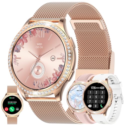 Smartwatch Damen mit Telefonfunktion, 1,32" Diamant IP68 Wasserdicht Sportuhr mit 123 Sportmodi, Blutdruckmessung, Herzfrequenz, Schrittzähler, 3 Uhrenarmband, Fitnessuhr für iOS Android (Gold) von SGDDFIT