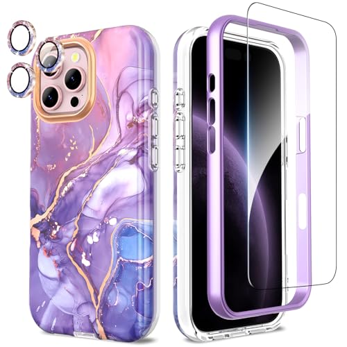 SHEDEER für iPhone 16 Pro Max Hülle mit Kameraschutz + Schutzfolie + Stoßfänger, iPhone 16 Pro Max Hüllen Glänzend Stilvoll, Stoßfest 360 Grad Schutz Handyhülle für iPhone 16 Pro Max 6.9'' Lila von SHEDEER