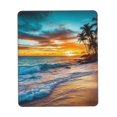 SHFJASBNUMG Hawaii Beach Schreibtischunterlage Hawaii Strand Palme Sonnenuntergang Gaming Schreibtischunterlage Sonnenuntergang Mauspad genähte Kanten Rutschfestes Gummi 20 x 24 cm von SHFJASBNUMG