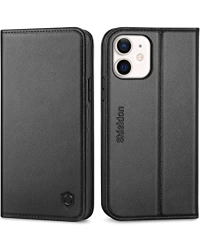 SHIELDON Hülle für iPhone 12, iPhone 12 Pro Handyhülle [Echtleder] [RFID-Sperre] [Kartenfach] [Magnet] [Stand], TPU Stoßfeste Schutzhülle Lederhülle Case Kompatibel für iPhone 12/12 Pro 6,1 Schwarz von SHIELDON