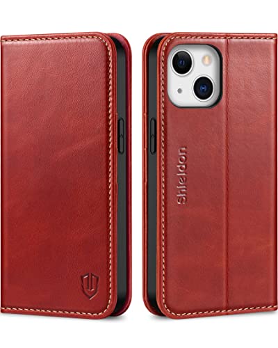 SHIELDON Hülle für iPhone 13 Lederhülle 5G [Echtleder] [Lifetime Garantie] [RFID-Sperre] [Kartenfach] [Magnet], TPU Klapphülle Einfach Handyhülle Schutz Kompatibel mit iPhone 13 6.1 - Retro Rot von SHIELDON