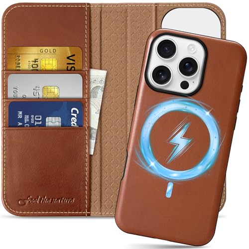 SHIELDON Hülle für iPhone 16 Pro, 2 IN 1 Case [Echtleder] [Abnehmbar] [kabelloses Aufladen] [RFID Blocker] [Kartenfach] [Magneticsch] Ledertasche Kompatibel mit iPhone 16 Pro 6,3" - Retro Braun von SHIELDON