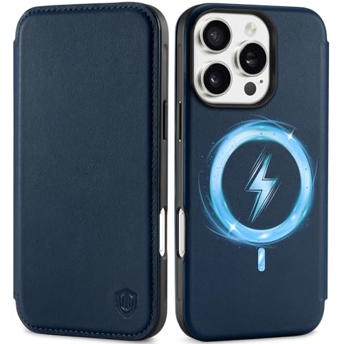 SHIELDON Hülle für iPhone 16 Pro 5G, Dünn Schuzhülle [Rindsleder] [Kabelloses Laden] [Kartenfach] Magnet Handyhülle Klappbare Ledertasche Case Kompatibel mit iPhone 16 Pro 6,3" 2024- Marineblau von SHIELDON