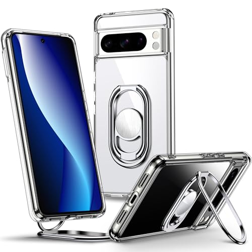 SHIELDS UP für Google Pixel 8 Hülle, Handyhülle mit doppeltem Ring Halter Ständer 360°【Verstellbar und Faltbar】 Stoßfeste Schutzhülle für Google Pixel 8 Case – Transparent von SHIELDS UP