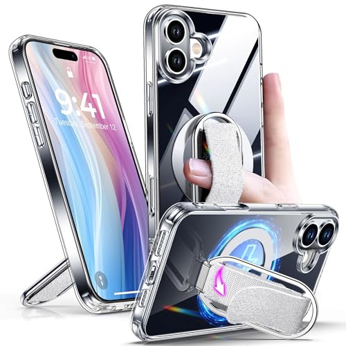 SHIELDS UP für iPhone 16 Hülle mit Ständer, Handyhülle Kompatibel mit MagSafe mit Ring Halter Fingerschlaufe, Stoßfest Kratzfest SchutzHülle Case für iPhone 16 6,1 Zoll -Transparent von SHIELDS UP