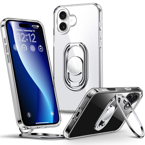 SHIELDS UP für iPhone 16 Plus Hülle, Handyhülle mit Doppeltem Ring Halter Ständer 360°【Verstellbar und Faltbar】 Stoßfeste Schutzhülle für iPhone 16 Plus Case – Transparent von SHIELDS UP