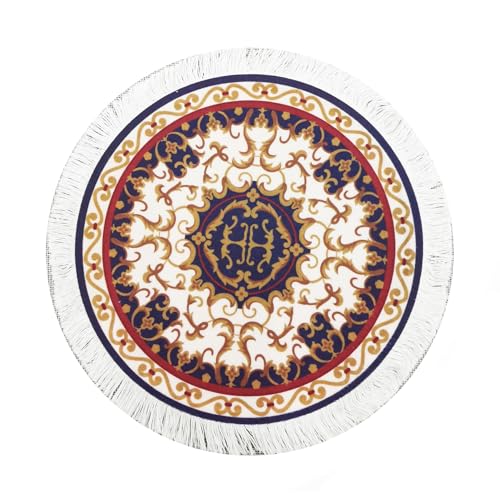 SHTGOI Teppich Mauspad Rund 21CM Mini Desktop Teppich mit Quasten Orientalischer Blumenmuster Mausmatte rutschfest Boho Baumwolle Platzsets Untersetzer Persian Mouse Pad für Laptop Computer Tischdeko von SHTGOI