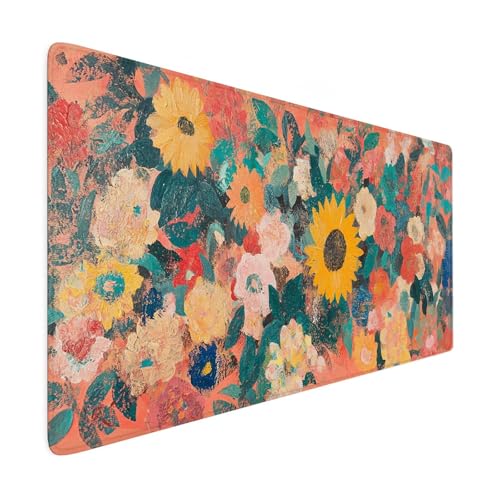 Mauspad XXL 1000 x 500 mm Gaming Mauspad Blume Groß VernäHte Kanten Schreibtischunterlage Mit Wasserdicht rutschfeste Gummibasis Retro Mousepad Mouse Pad Desk Mat für Home Office Frauen Geschenk R27 von SHUIYAZI