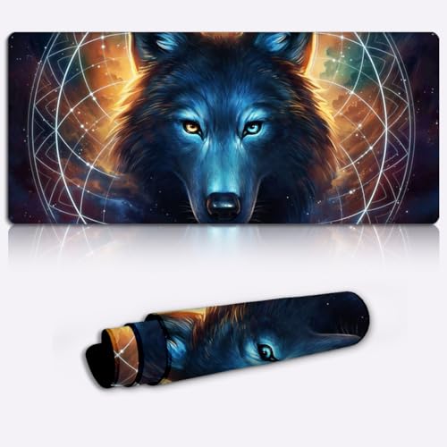 Dicke, glatte, extra große XXL-Gaming-Matte, glatte Oberfläche, rutschfestes Gummi-Mauspad mit Motiven für Büro und Gamer, Traumfänger-Wolf, 39,9 x 89,9 cm von SIBREA