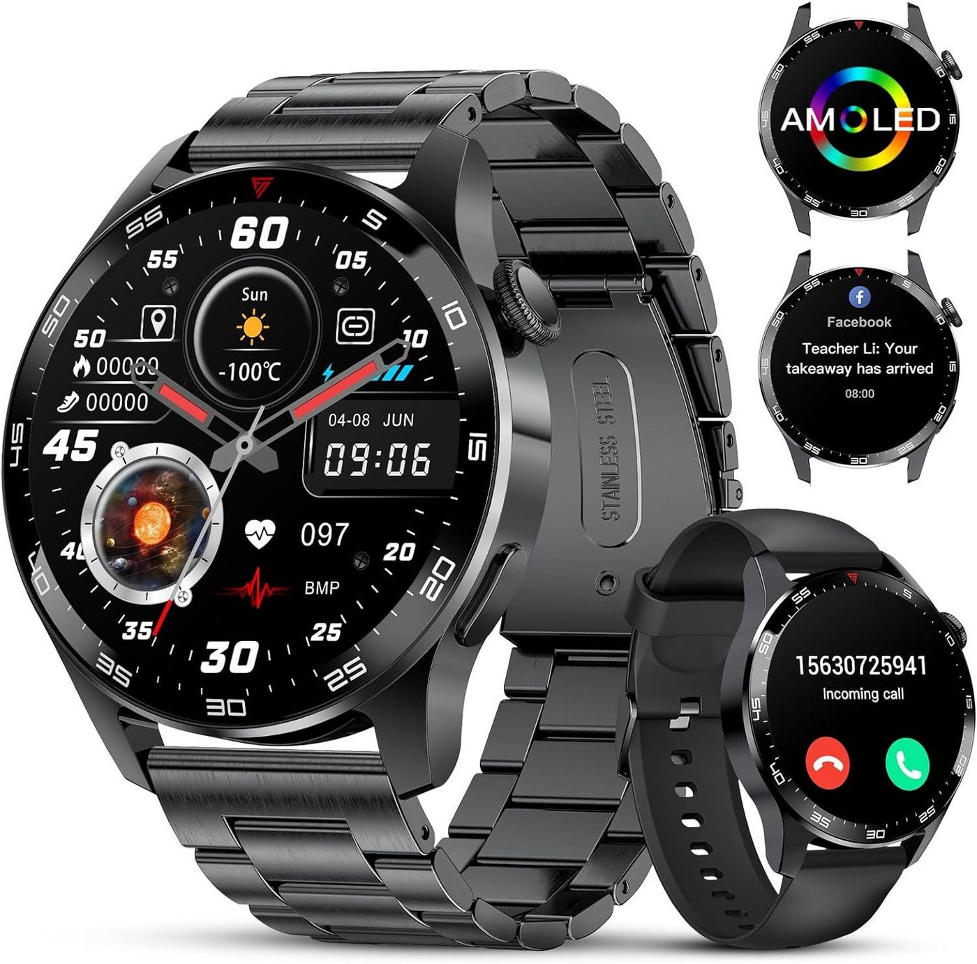 SIEMORL Bluetooth-Anruf IP68-wasserdichte Herren's Smartwatch (3,63 cm/1,43 Zoll, Android/iOS), mit Pulsmesser und Schlafmonitor, besten fur Sports 100+ Sportmodi von SIEMORL