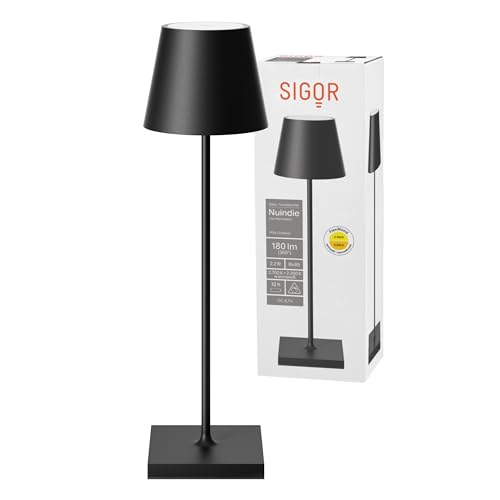 SIGOR Nuindie - Dimmbare LED Akku-Tischlampe Indoor & Outdoor, IP54 spritzwassergeschützt, Höhe 38 cm, aufladbar mit Easy Connect, 12 h Leuchtdauer, nachtschwarz von SIGOR