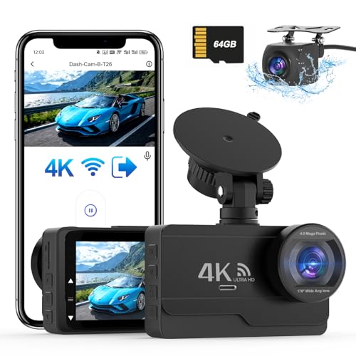 SIGRILL 4K/2K+1080P Dashcam Auto Vorne Hinten, WiFi Dashcam Free 64GB Card,170°Wide Angle,Dash Cam G-Sensor,Car Camera APP Control,WDR Night Vision,Dasch-cam Auto kabellos,Mini cam Support 256GB Max von SIGRILL